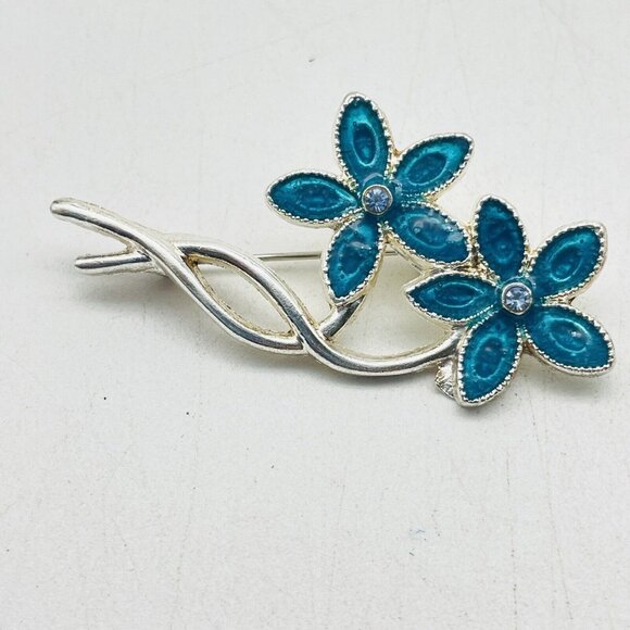 Vintage Blue Floral Bouquet Pin Silver Tone Glittery Enamel Rhinestone Center - Picture 2 of 5